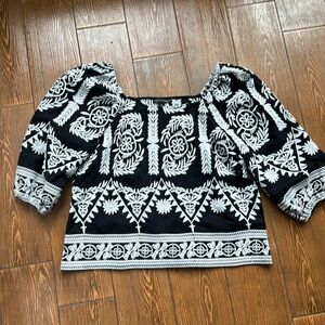 Saks Fifth Avenue Black and White Embroidered Blouse